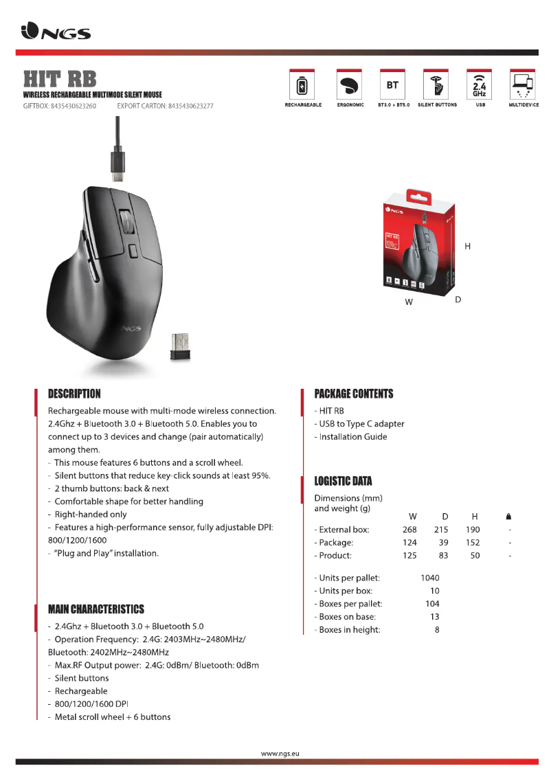 Page 1 de la notice Fiche technique NGS HIT-RB