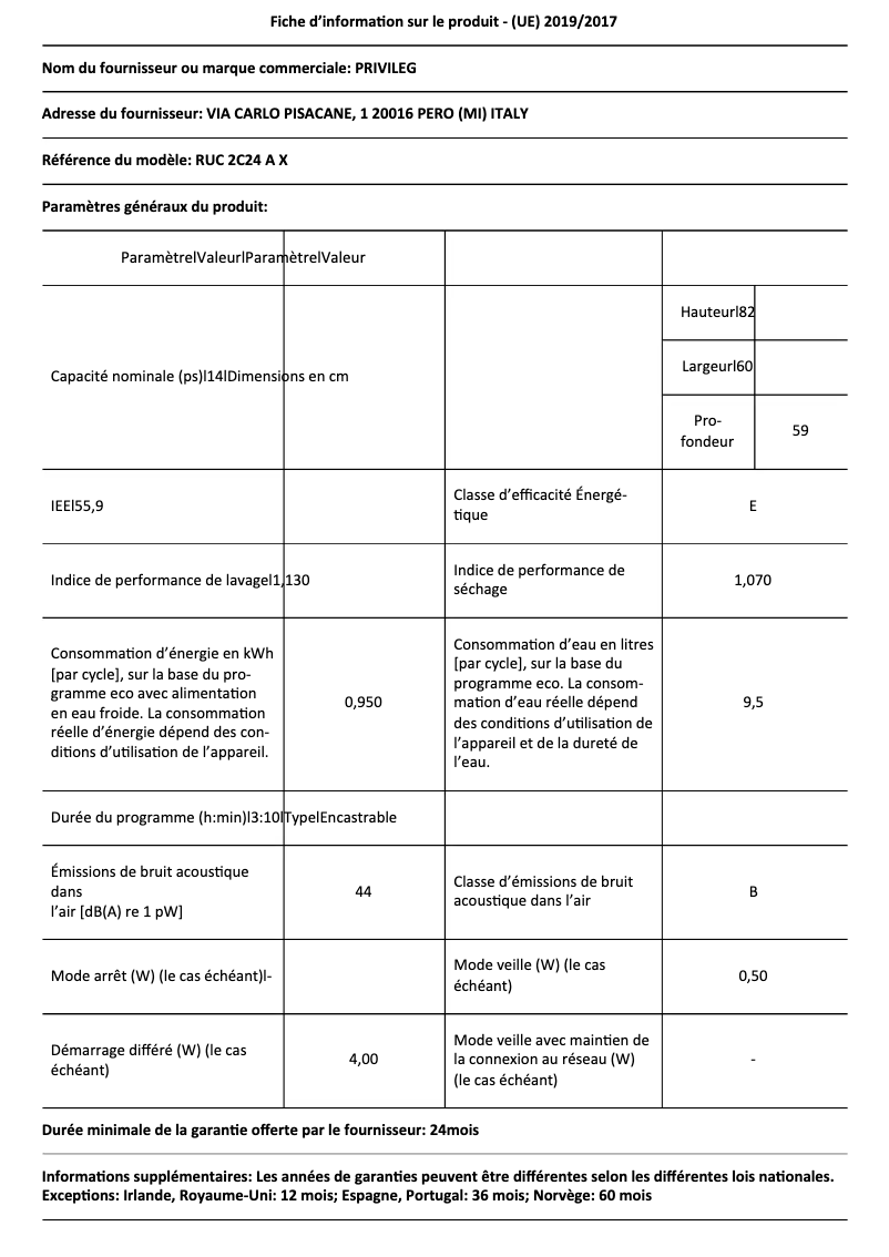 Page 1 de la notice Fiche technique Privileg RUC 2C24 A X