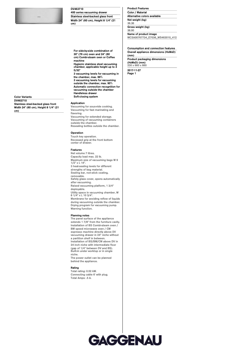 Page n°1 - Fiche technique Gaggenau DV461710