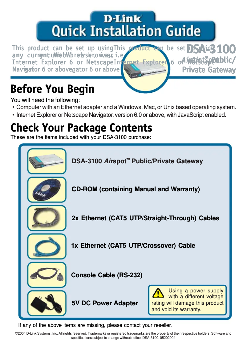 Page n°1 - Guide d'installation D-Link DSA-3100