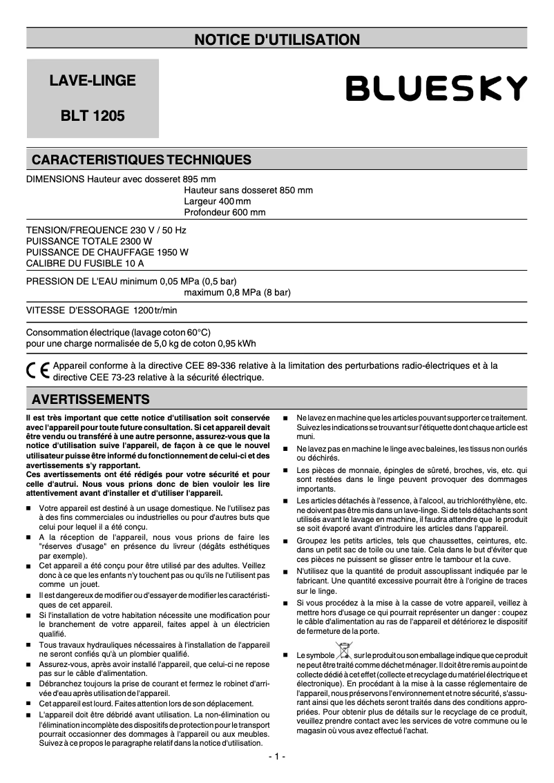 Page 1 de la notice Manuel utilisateur Bluesky BLT 1205