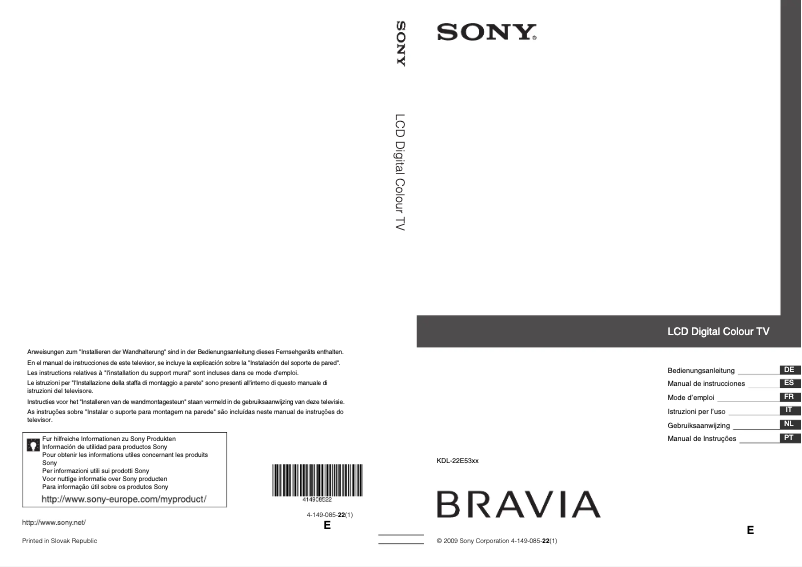 Page 1 de la notice Manuel utilisateur Sony Bravia KDL-22E5300