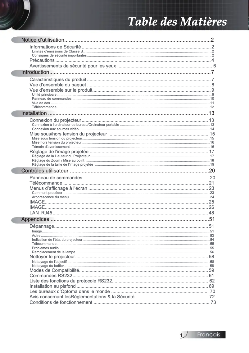 Page n°1 - Manuel utilisateur Optoma EX784