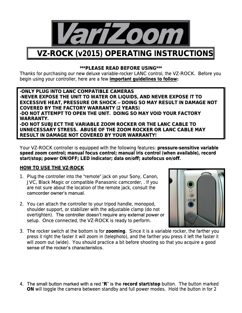 Page 1 de la notice Manuel utilisateur VariZoom VZ-Rock