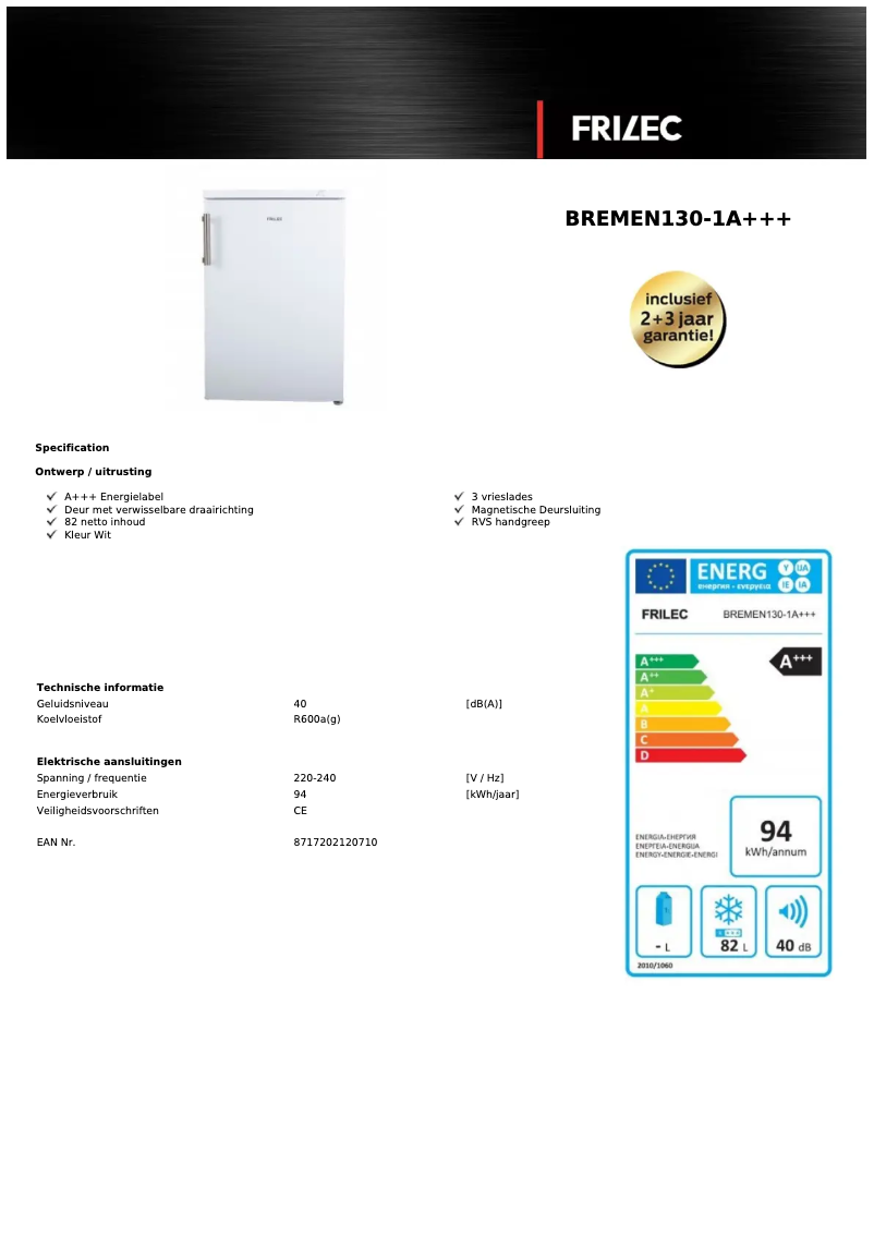 Page n°1 - Fiche technique Frilec BREMEN130-1A+++