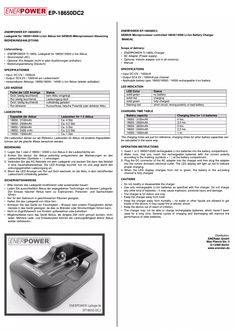 Page n°1 - Manuel utilisateur Enerdan EP-18650DC2