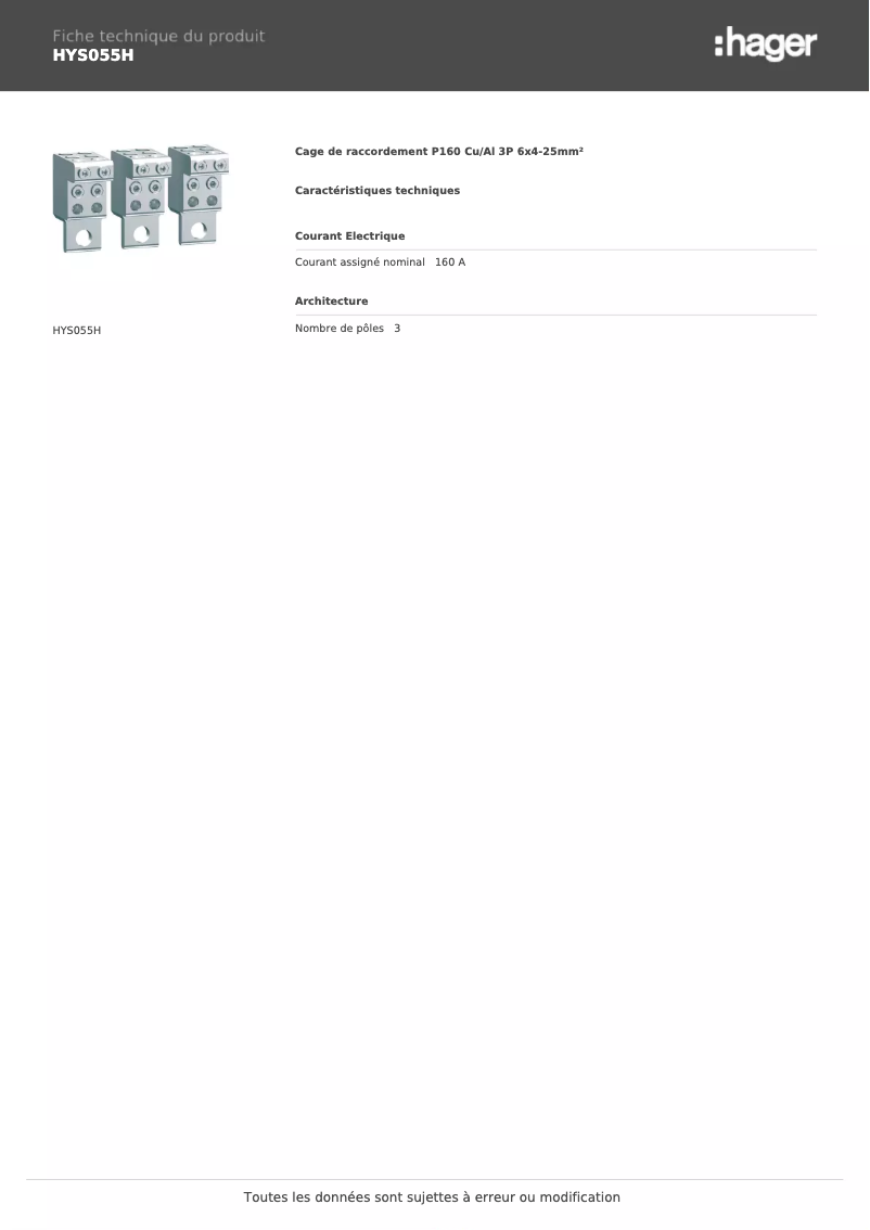 Page 1 de la notice Fiche technique Hager HYS055H