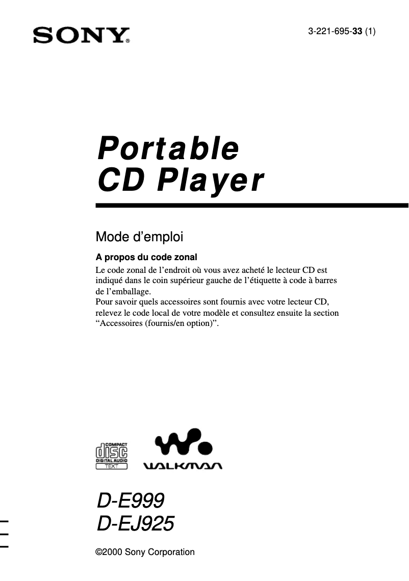 Image de la première page du manuel de l'appareil Walkman D-E999