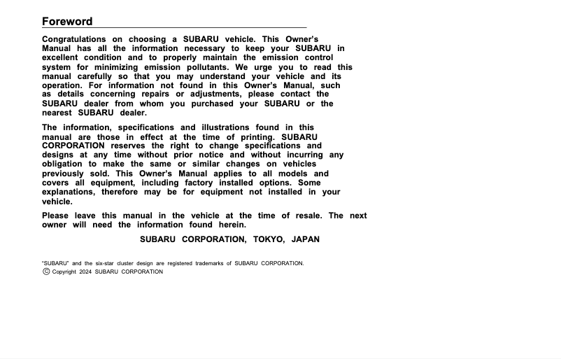 Page 1 de la notice Manuel utilisateur Subaru Ascent (2025)