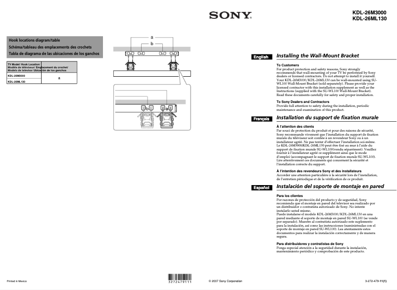 Page n°1 - Guide d'installation Sony Bravia KDL-26M3000