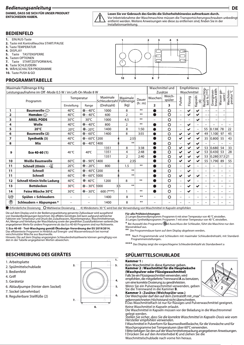Page 1 de la notice Manuel d'utilisation et d'entretien Privileg PWFV X 873 A