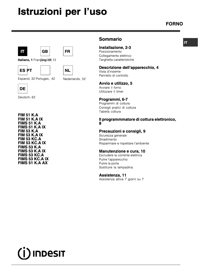 Page 1 de la notice Manuel utilisateur Indesit FIMS 53 K.A IX