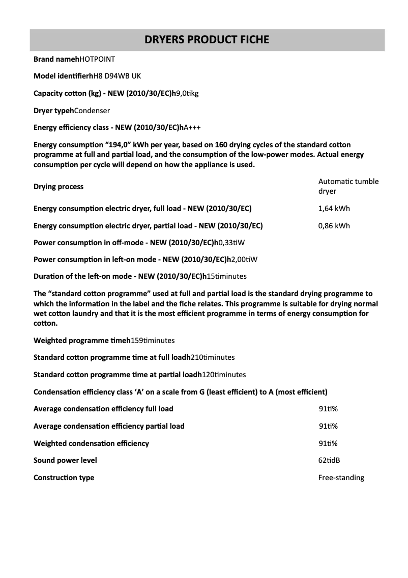 Page n°1 - Fiche technique Hotpoint H8 D94WB UK