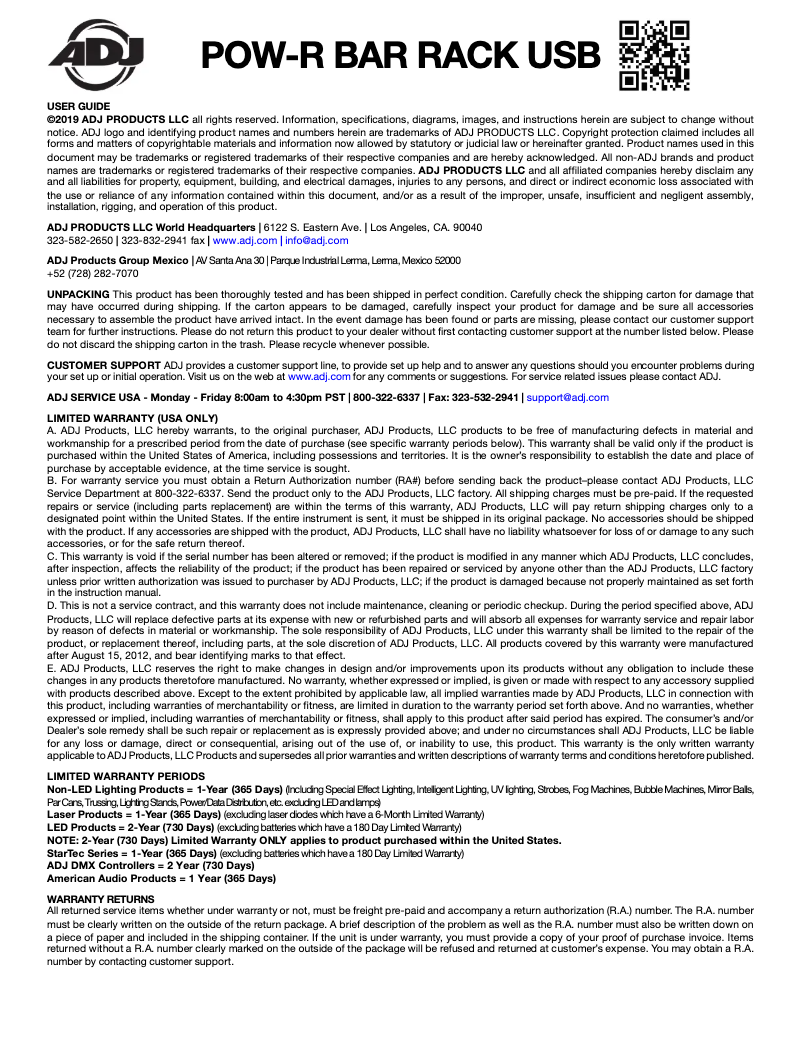 Page 1 de la notice Manuel utilisateur Adj POW-R BAR RACK USB