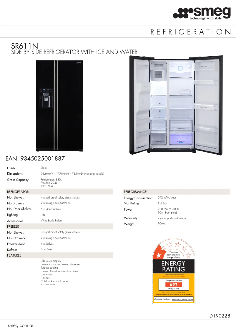 Página 1 del manual Ficha técnica Smeg SR611