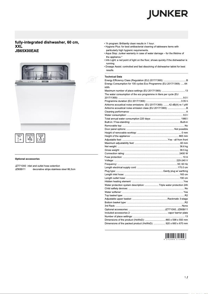 Page n°1 - Fiche technique Junker JB65X00EAE