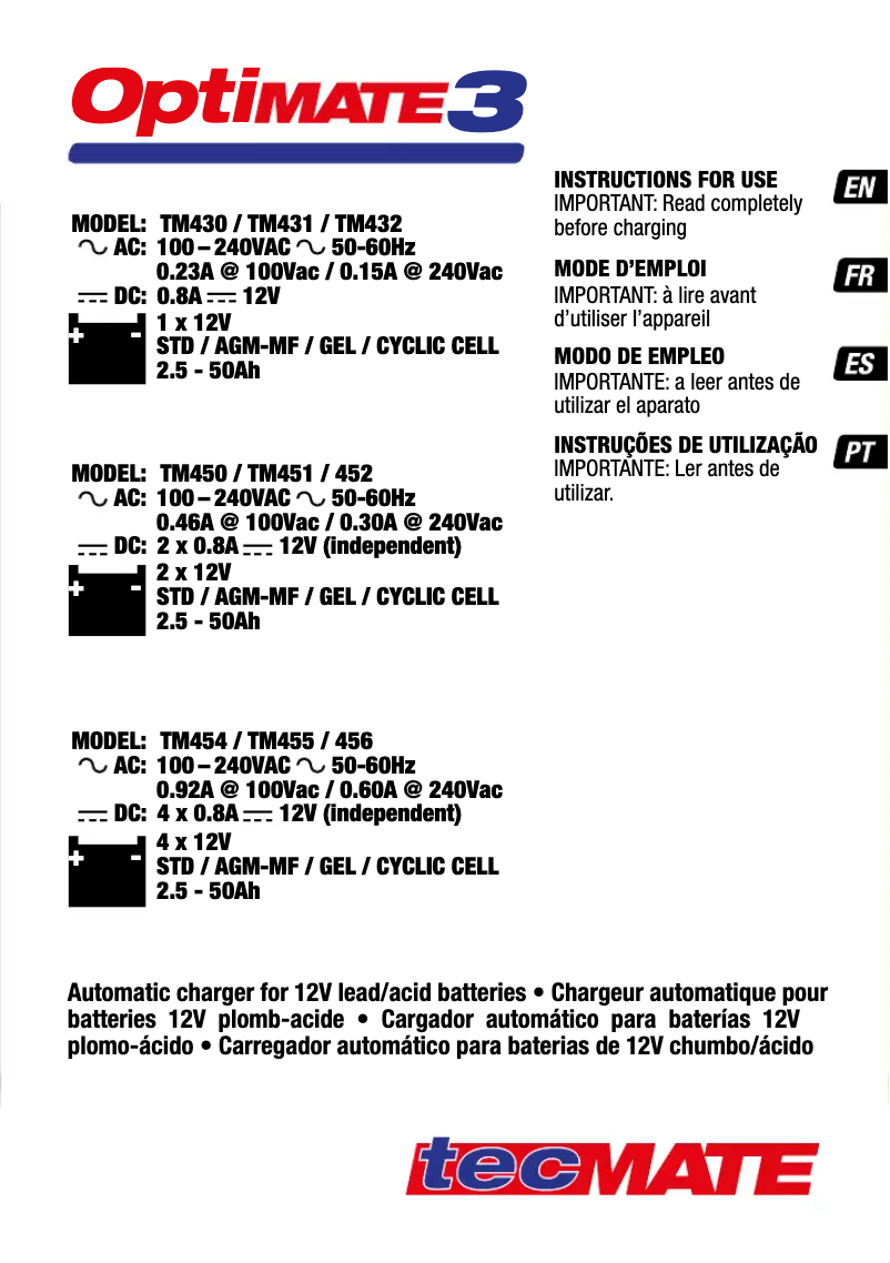 Page n°1 - Manuel utilisateur Tecmate Optimate 3