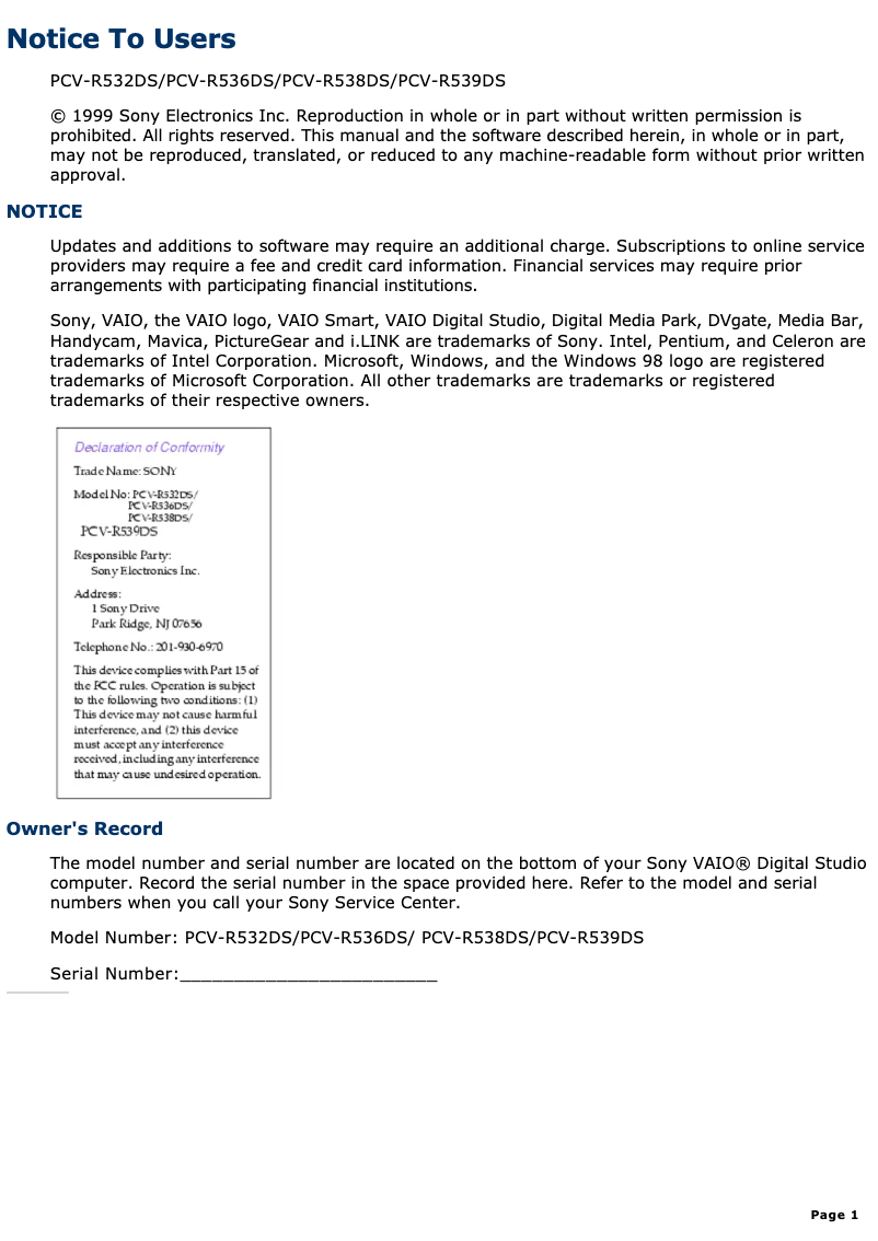 Página 1 del manual Manual de usuario Sony Vaio PCV-R539DS