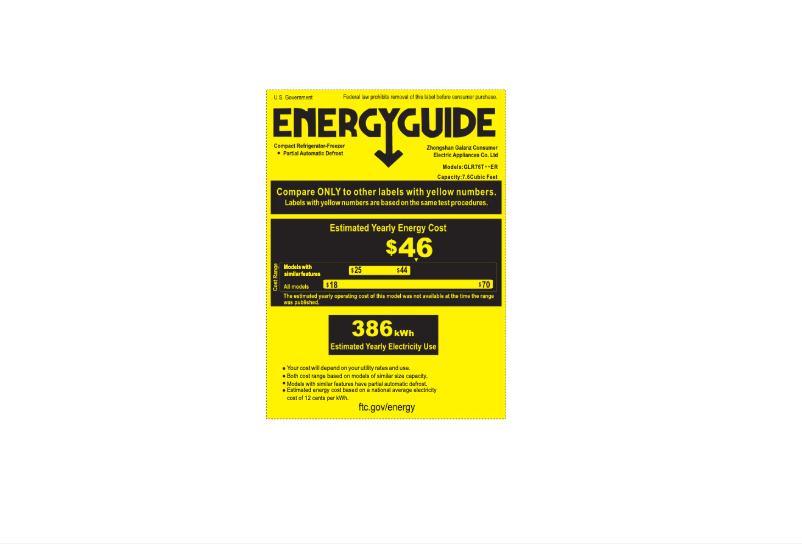 Page 1 de la notice Label énergétique Galanz GLR76TWEER