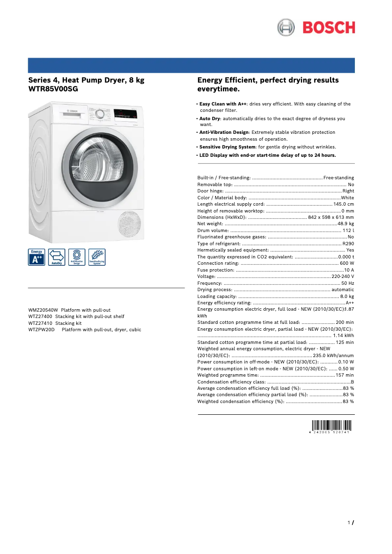 Página 1 del manual Ficha técnica Bosch WTR85V00SG
