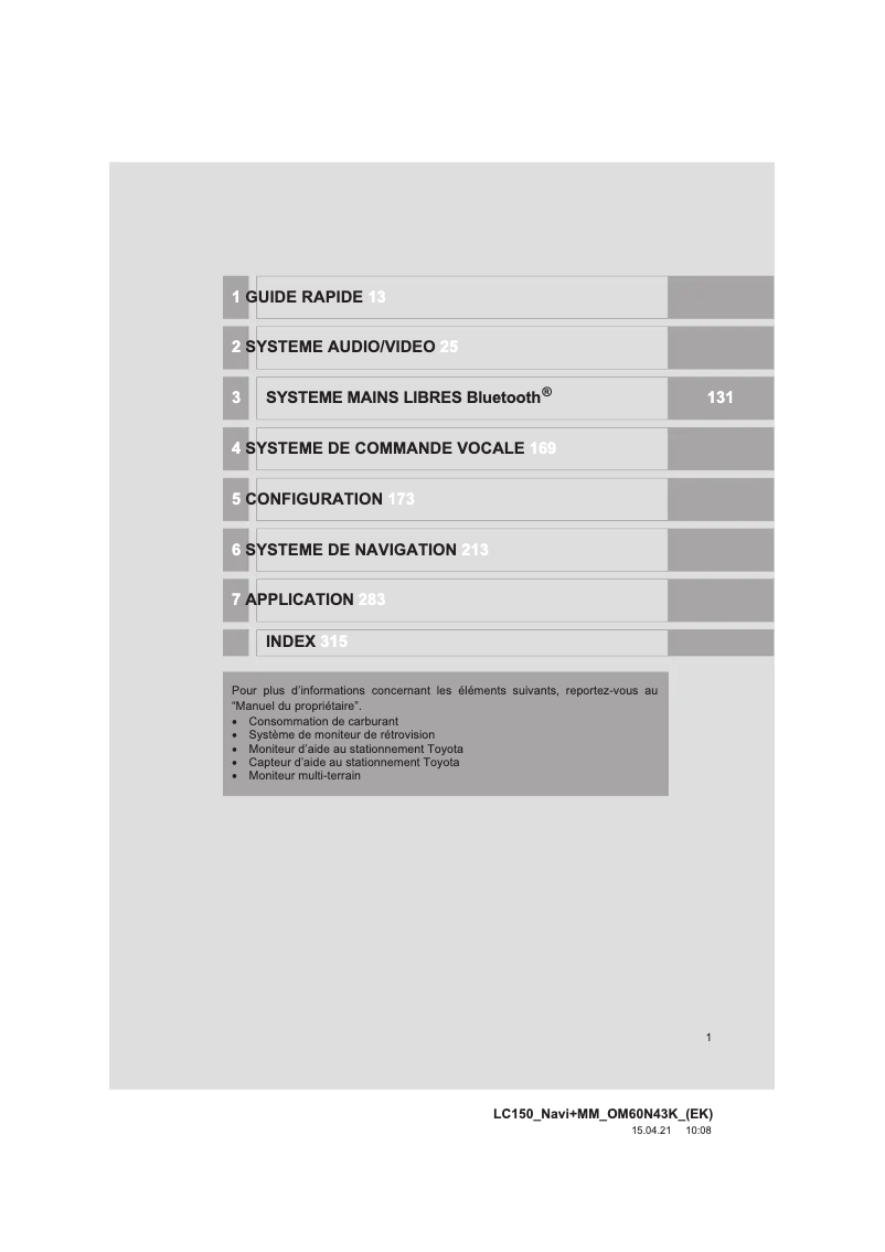 Image de la première page du manuel de l'appareil Land Cruiser 2015 Navigation