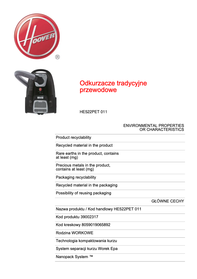 Page 1 of the manual Technical Sheet Hoover H-ENERGY 500 HE522PET 011