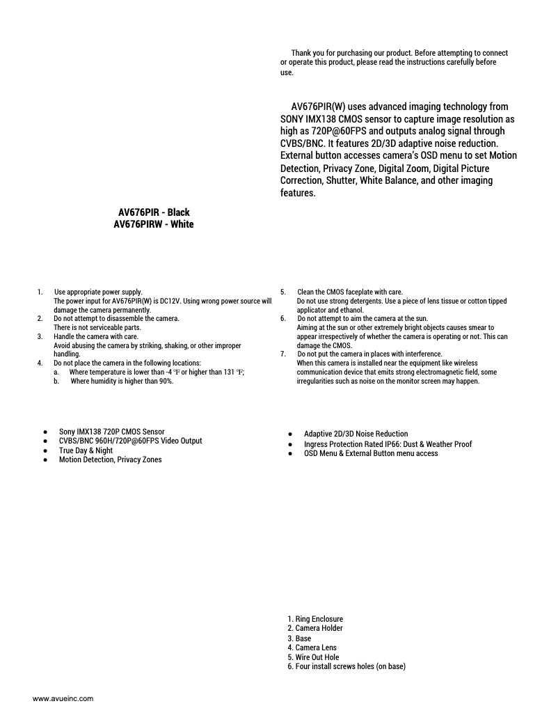 Page n°1 - Manuel utilisateur AVUE AV676PIR