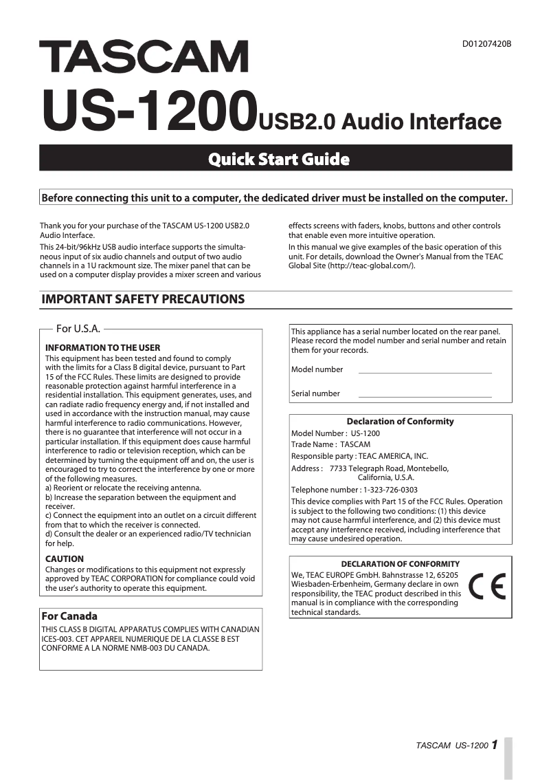 Page 1 of the manual Quick Start Guide Tascam US-1200