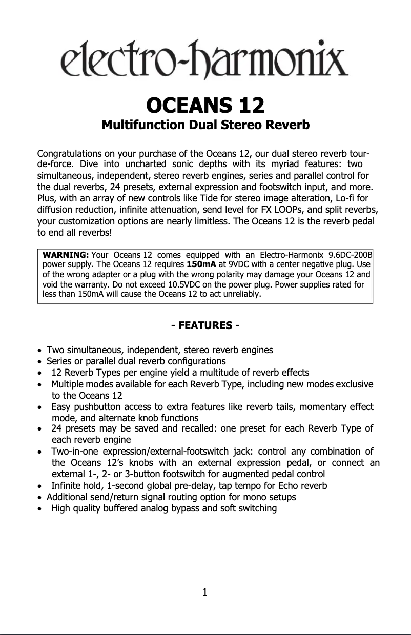 Page 1 de la notice Manuel utilisateur Electro Harmonix Oceans 12