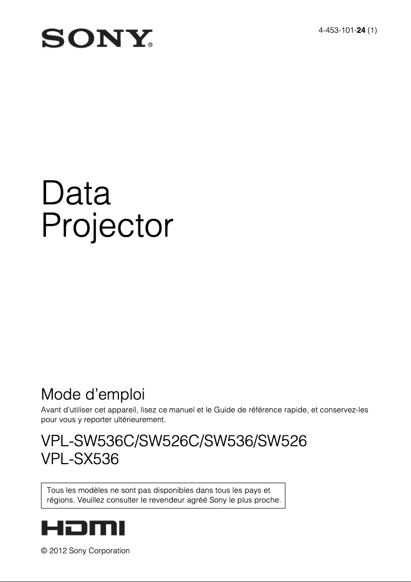 Page 1 de la notice Manuel utilisateur Sony VPL-SW526