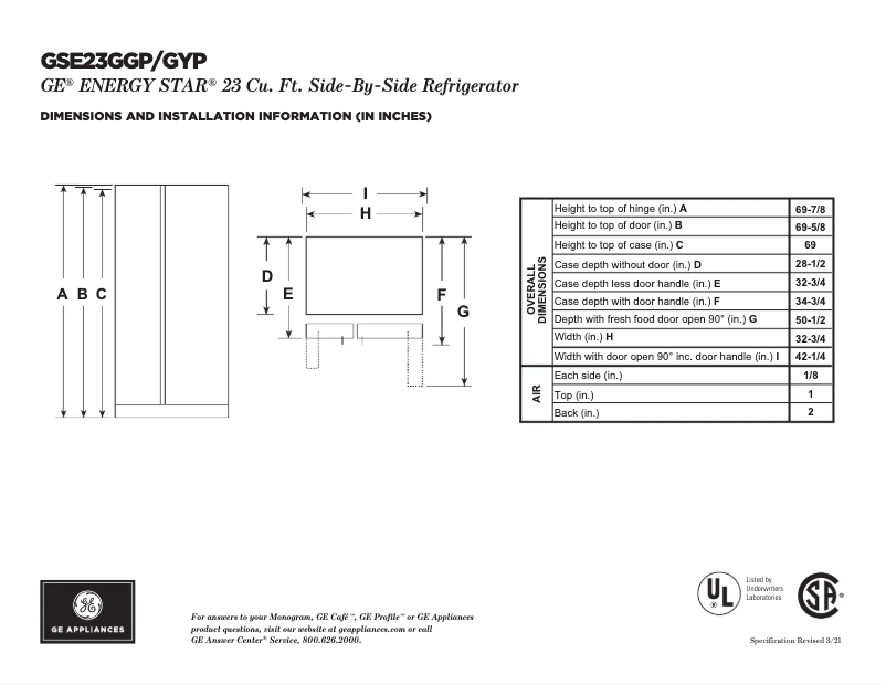 Page n°1 - Fiche technique GE GSE23GYPFS