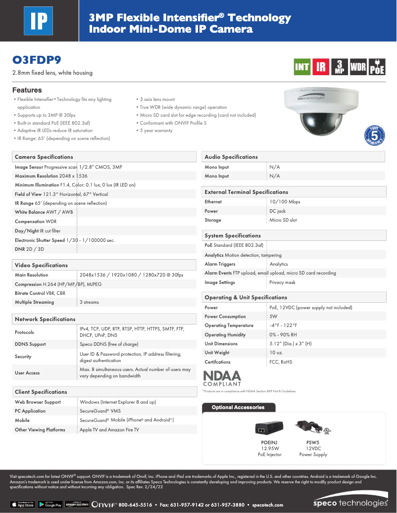 Page 1 de la notice Fiche technique Speco Technologies O3FDP9