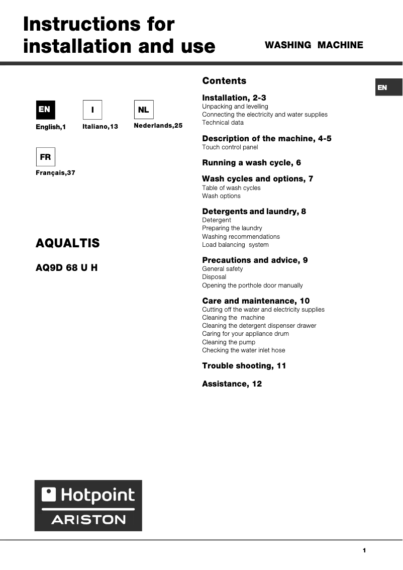 Page n°1 - Manuel utilisateur Hotpoint Aqualtis AQ9D 68 U H