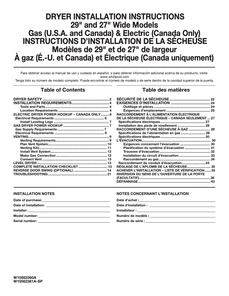 Page n°1 - Guide d'installation Whirlpool WGD4616F
