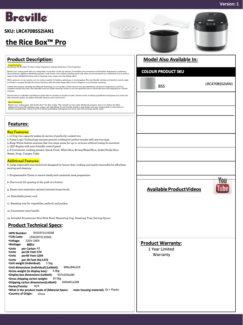 Page 1 de la notice Fiche technique Breville the Rice Box Pro LRC470