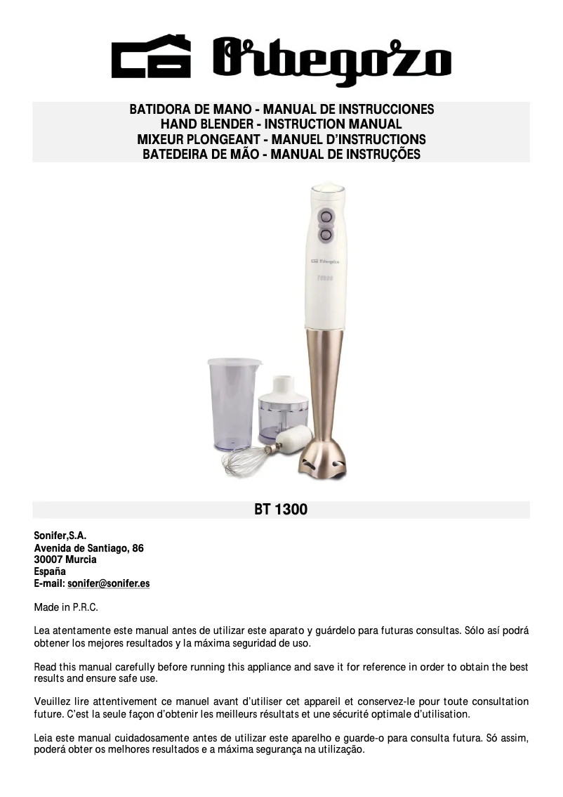 Page 1 de la notice Manuel utilisateur Orbegozo BT 1300