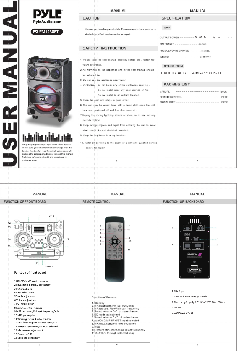 Page 1 de la notice Manuel utilisateur Pyle PSUFM1238BT