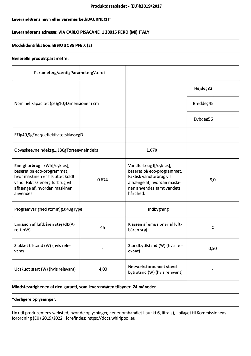 Page 1 de la notice Fiche technique Bauknecht BSIO 3O35 PFE X CH