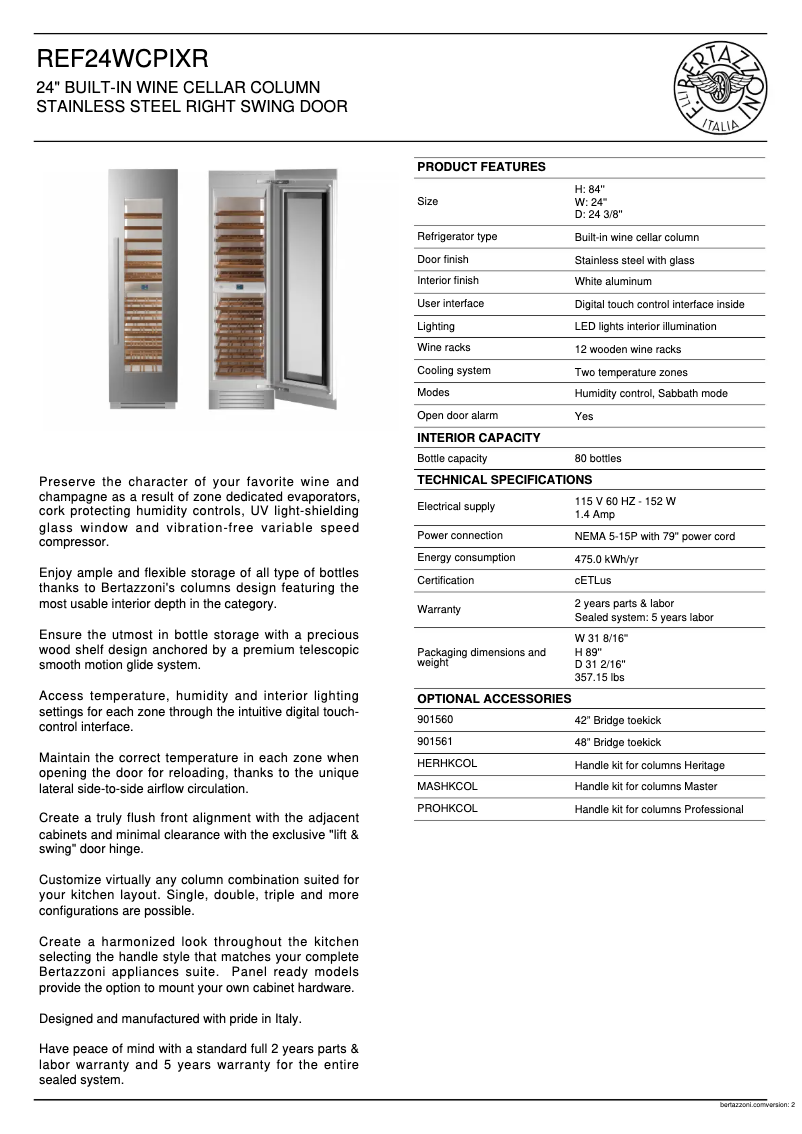 Page n°1 - Fiche technique Bertazzoni REF24WCPIXR