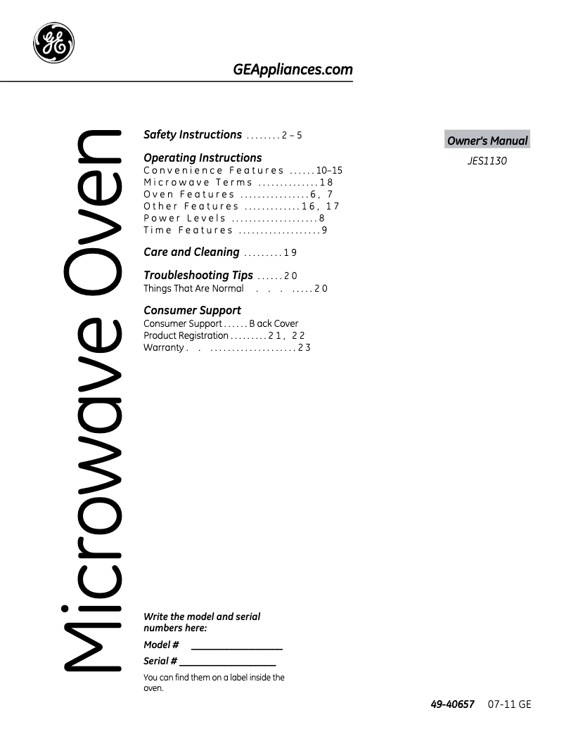 Image de la première page du manuel de l'appareil JES1130DSBB