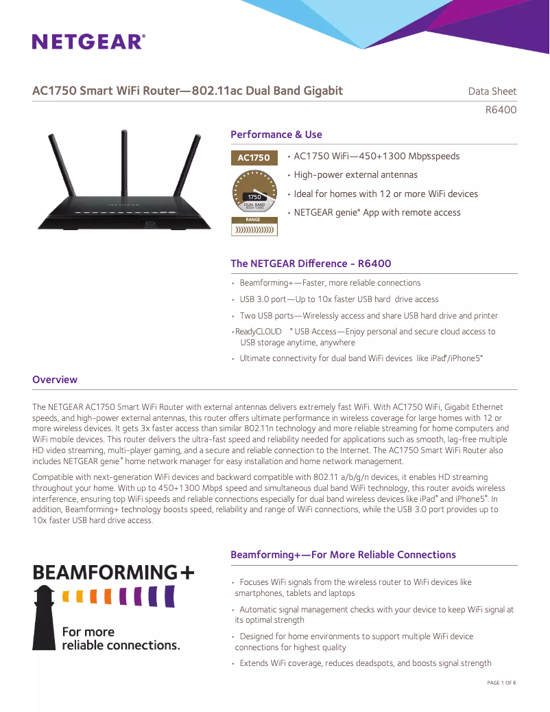 Page 1 de la notice Fiche technique Netgear R6400