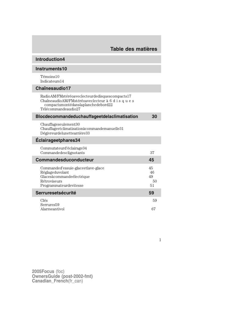 Page 1 de la notice Manuel utilisateur Ford Focus (2005)