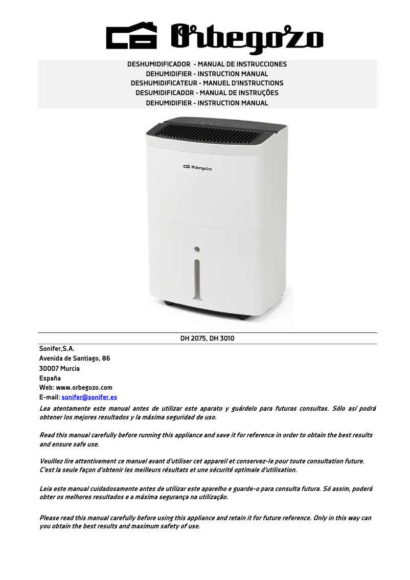 Page 1 de la notice Manuel utilisateur Orbegozo DH 3010