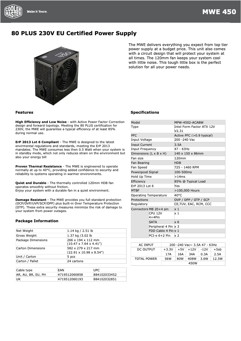 Page 1 de la notice Fiche technique Cooler Master MWE 450 Bronze-v2