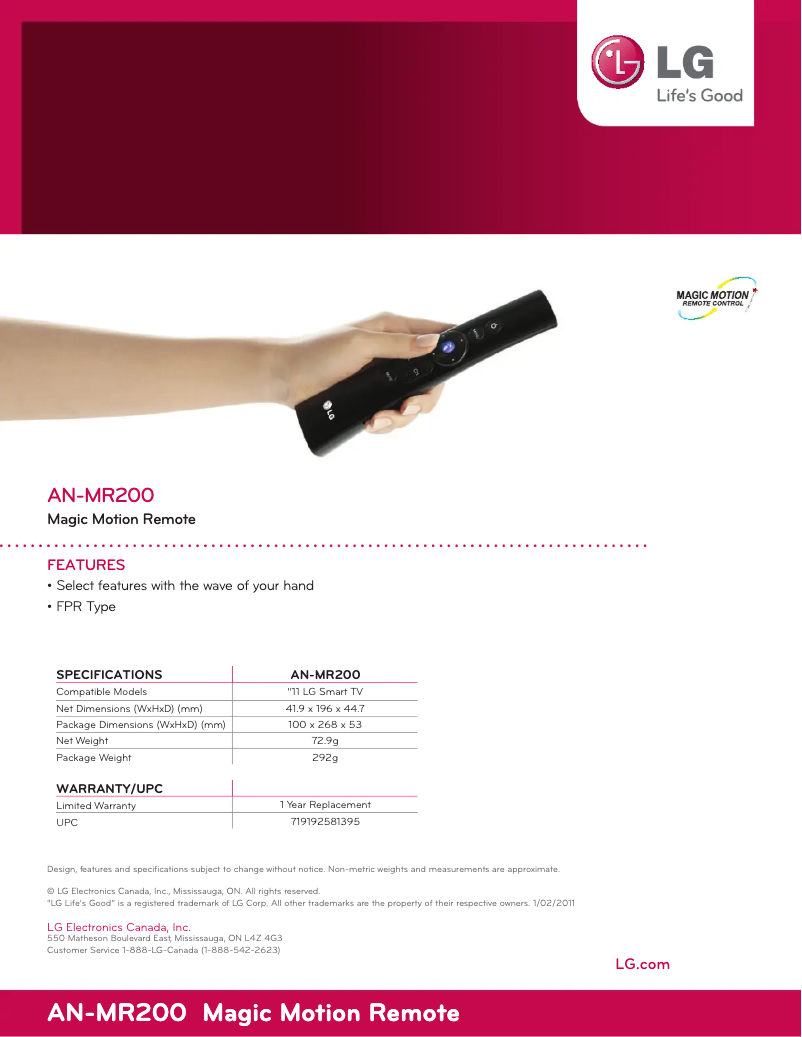 Page 1 de la notice Fiche technique LG AN-MR200