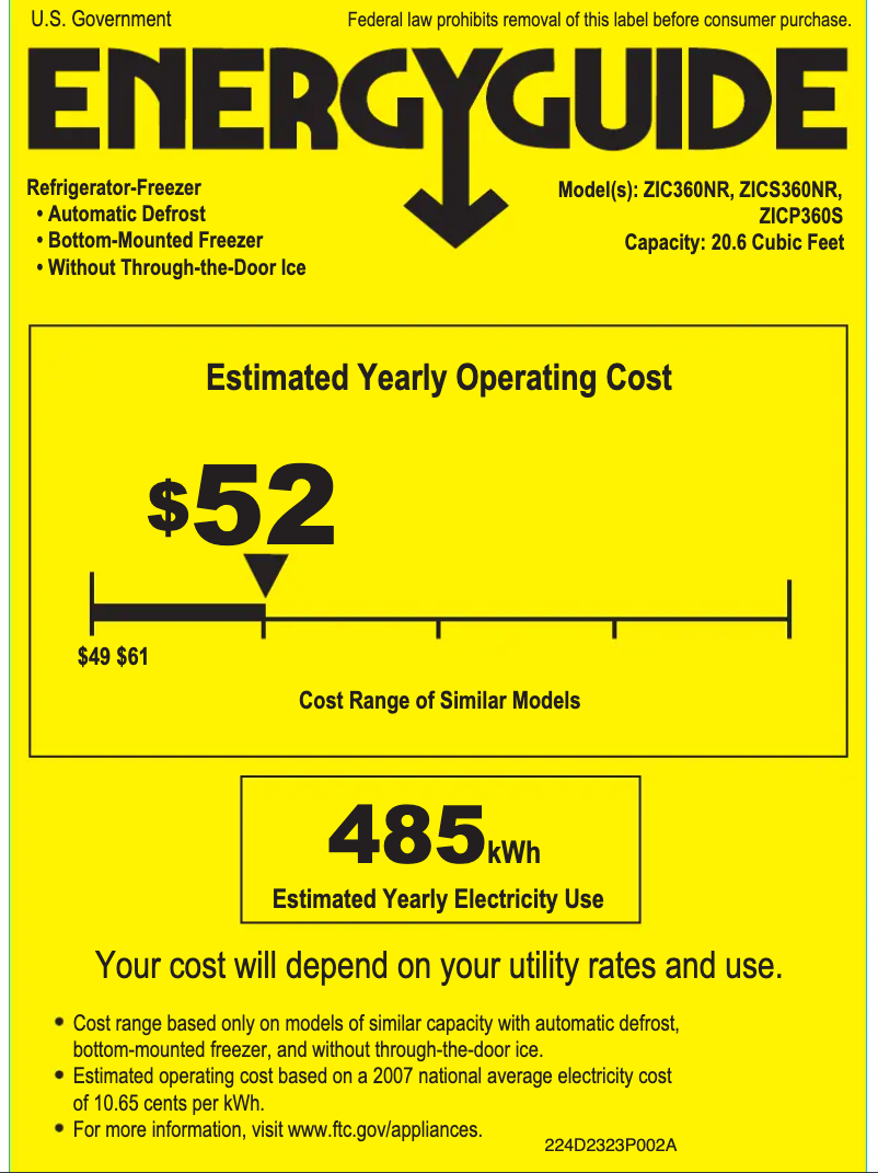 Page 1 de la notice Label énergétique GE ZICS360NRLH