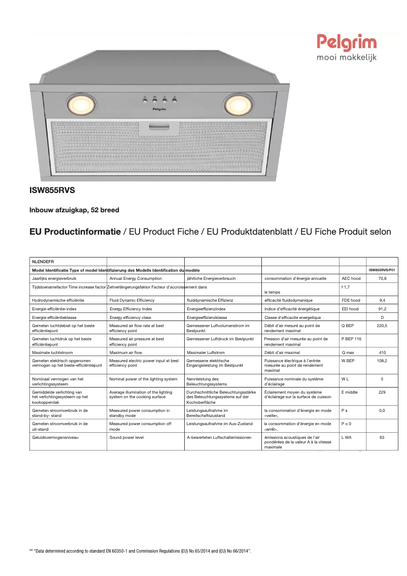 Page 1 de la notice Fiche technique Pelgrim ISW855RVS