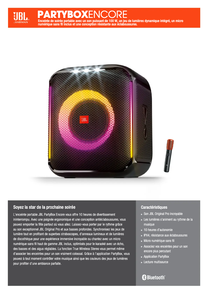 Page 1 de la notice Fiche technique JBL PartyBox Encore