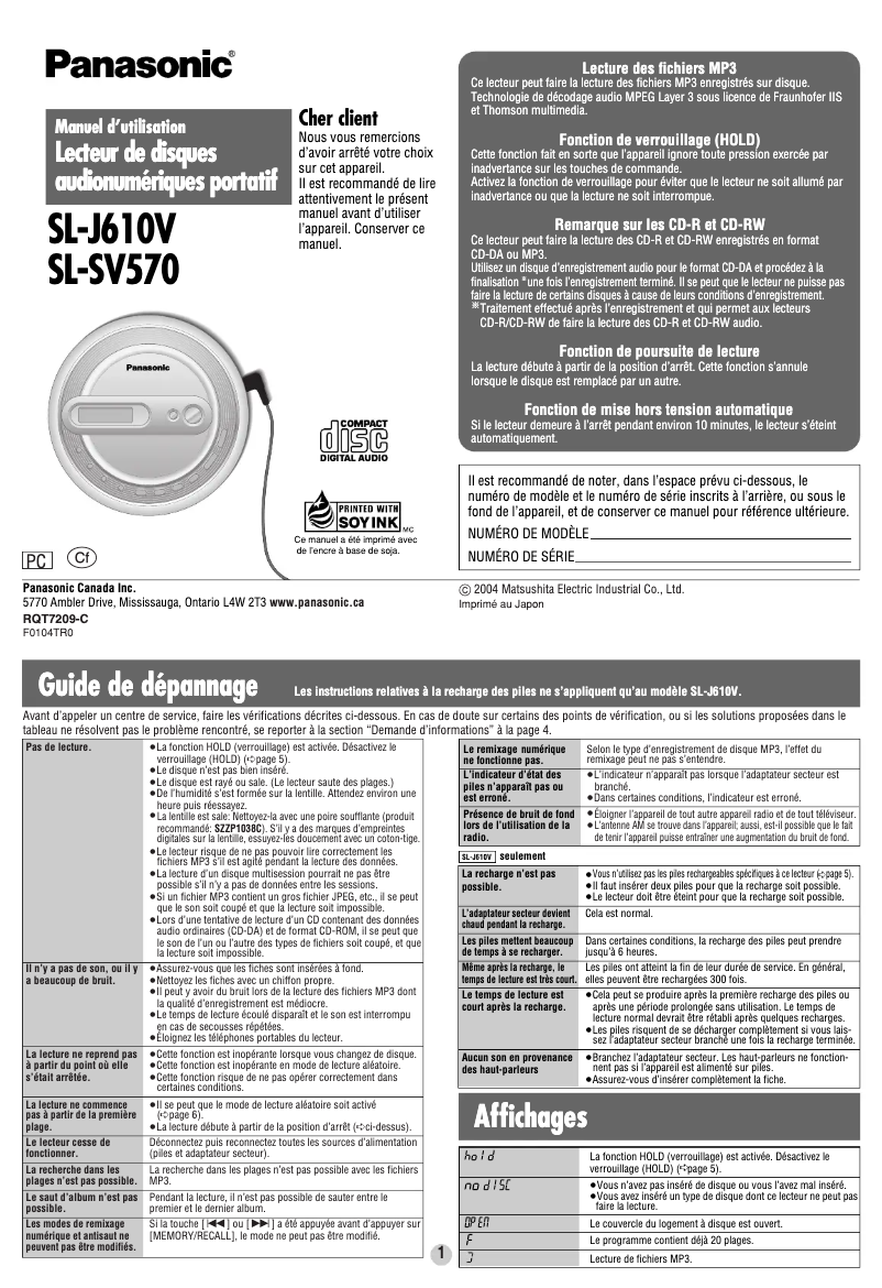 Page 1 de la notice Manuel utilisateur Panasonic SL-SV570
