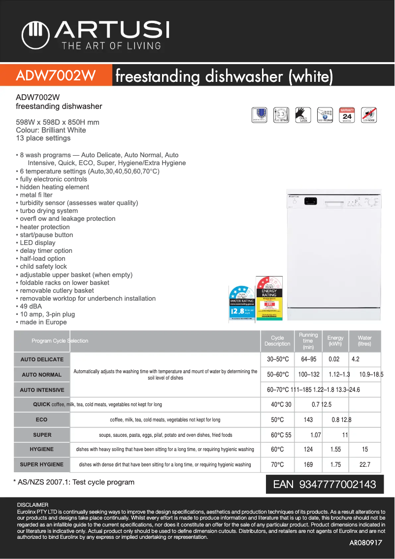 Page n°1 - Fiche technique Artusi ADW7002W